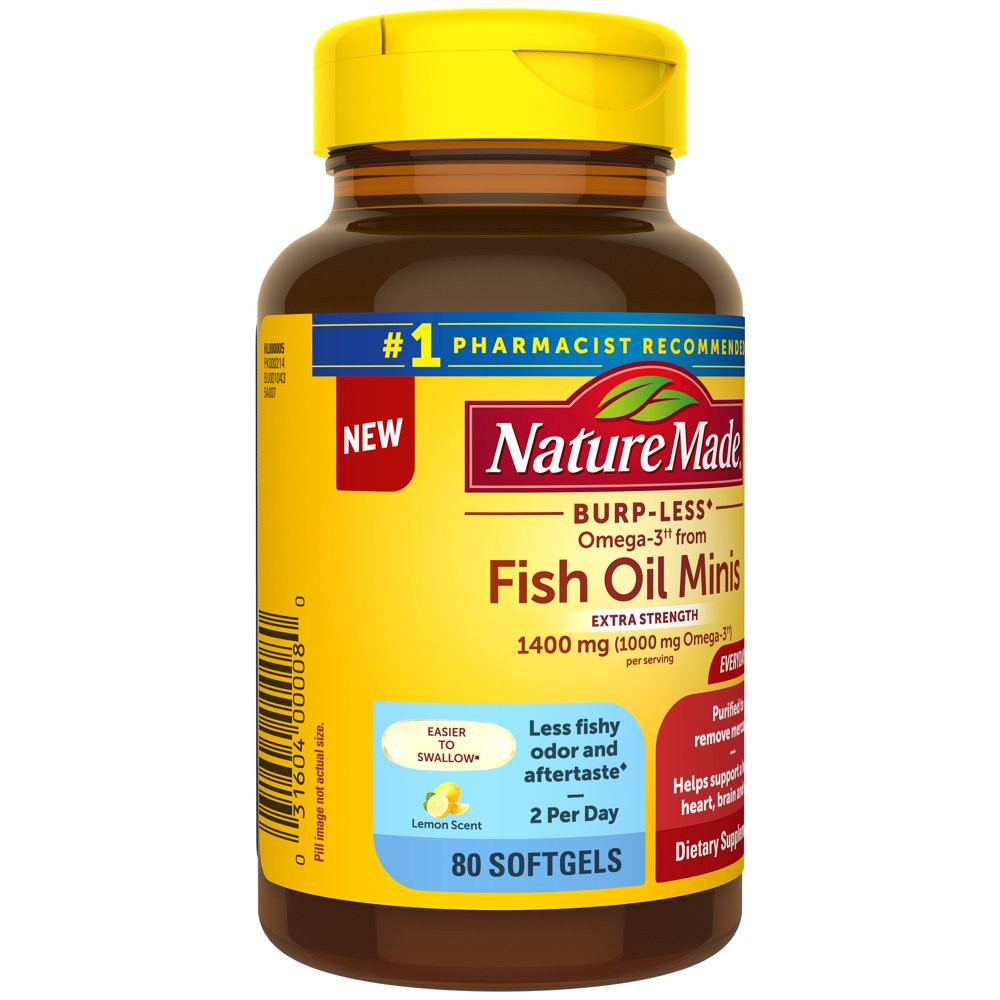 Nature Made Burp-Less Omega-3 from Fish Oil 1400 Mg Minis Softgels, 80 Count