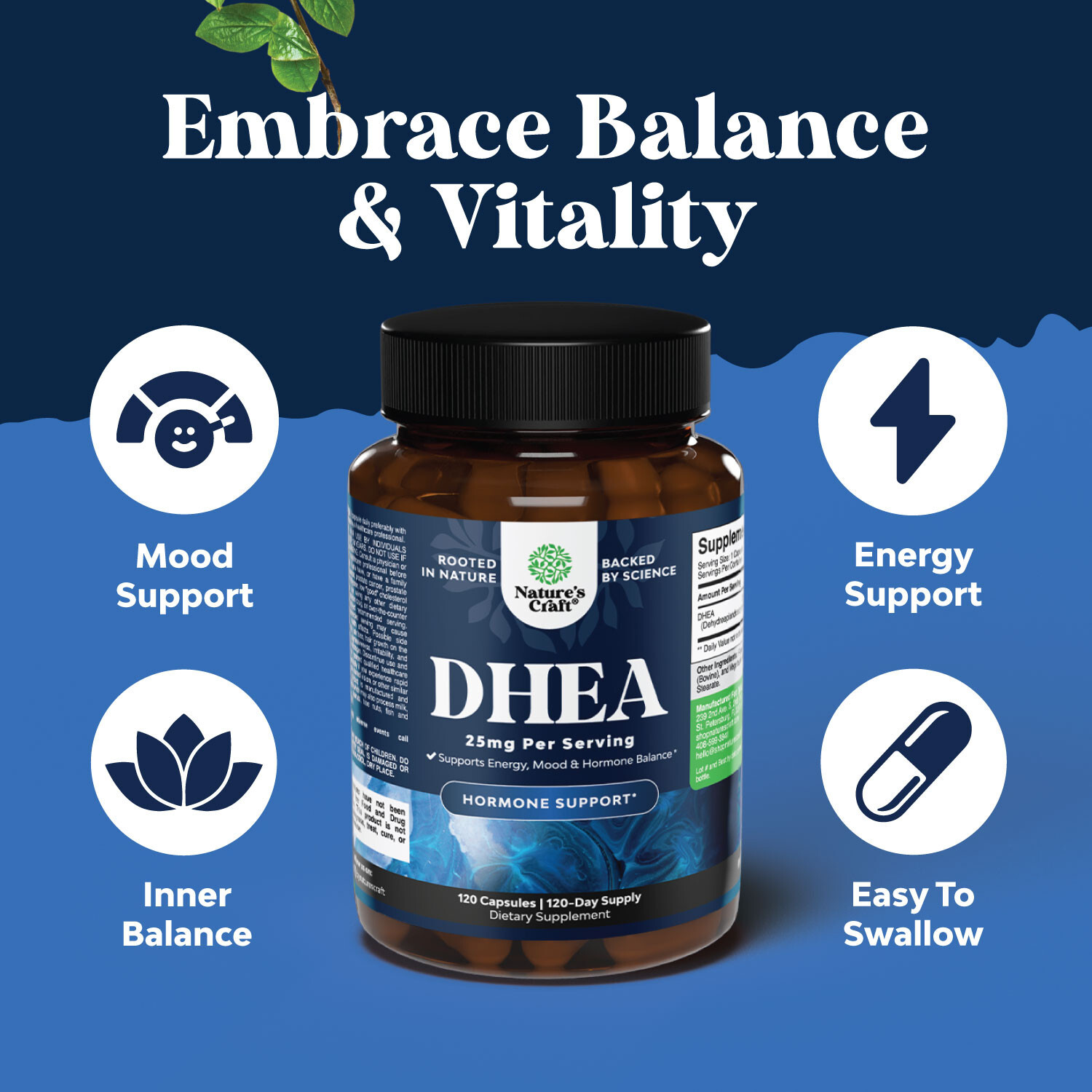 Pure DHEA 25mg per serving for Women and Men Extra Small Capsule High Absorption