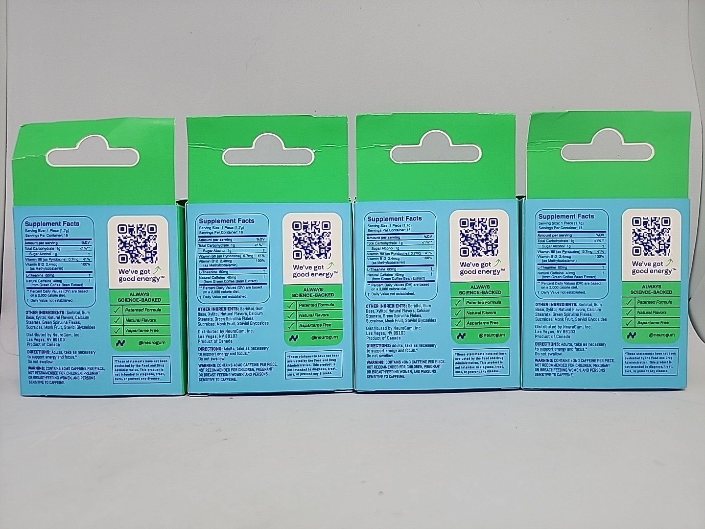 Neuro Energy & Focus Gum L-Theanine B6 B12 Caffeine Spearmint 72 Pieces 09/2027
