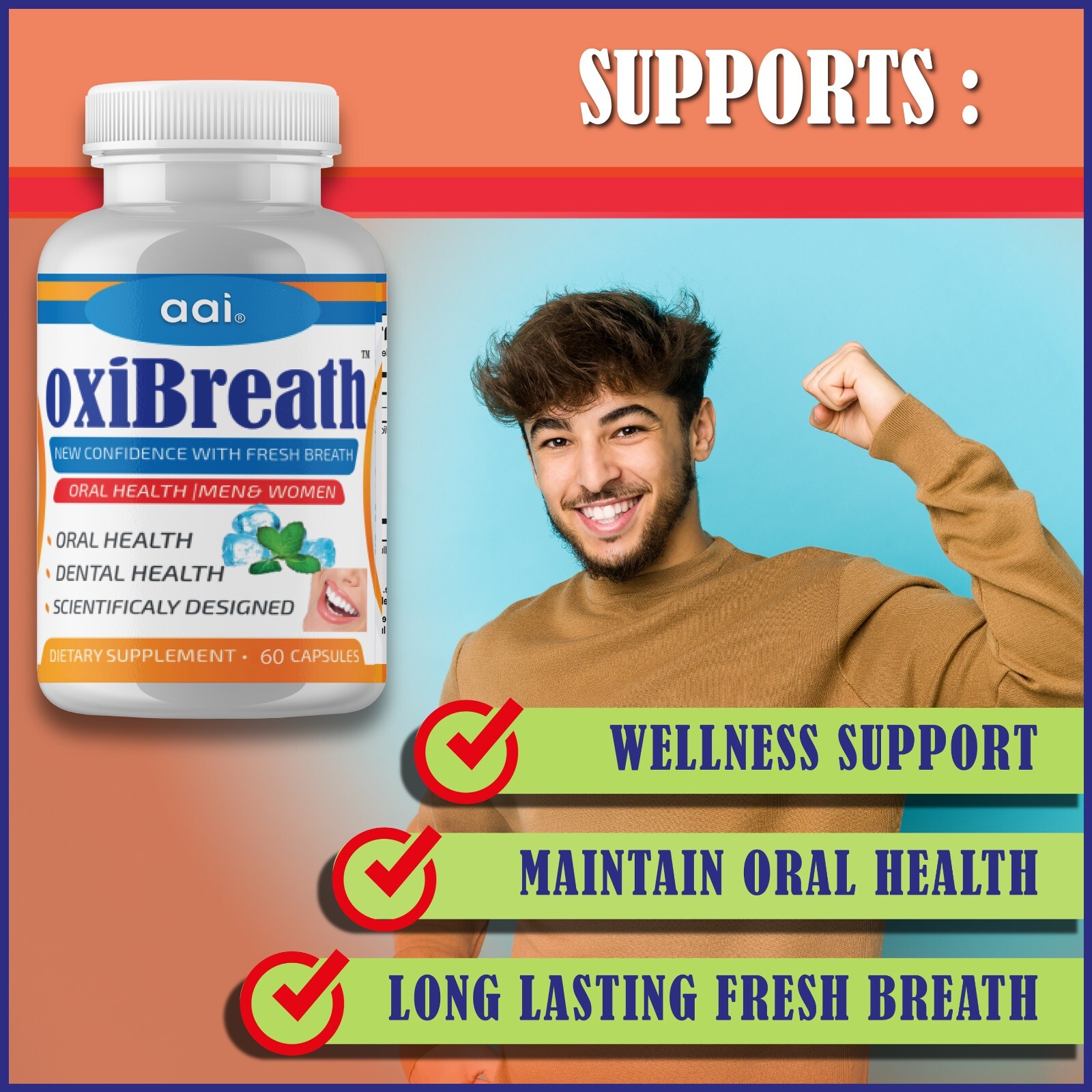 oxiBreath Bad Breath Freshener, Dental Oral Care 60 Pills Gut Health, Halitosis