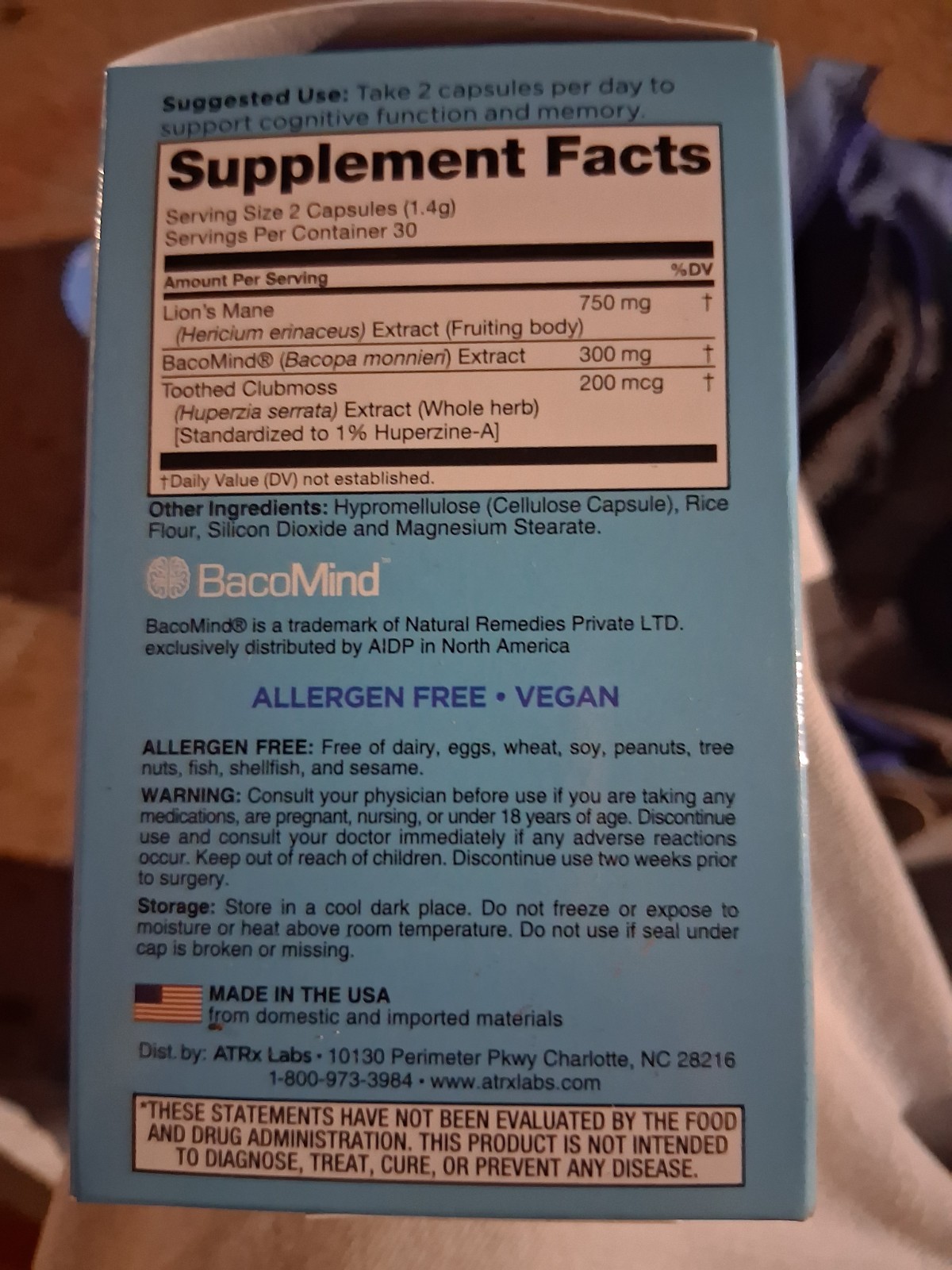 ATRx Labs Memory & Cognition Nootropic Capsules 60ct Vegan Gluten-Free