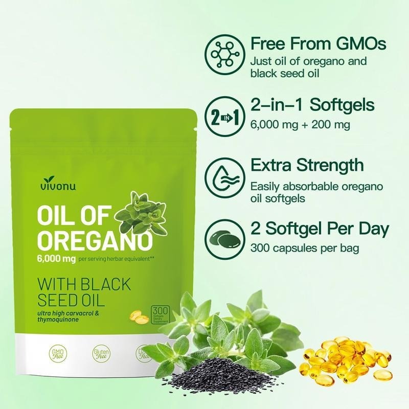 High Potency Oil of Oregano Black Seed Oil , 300ct Pure Organic Softgels , Antio