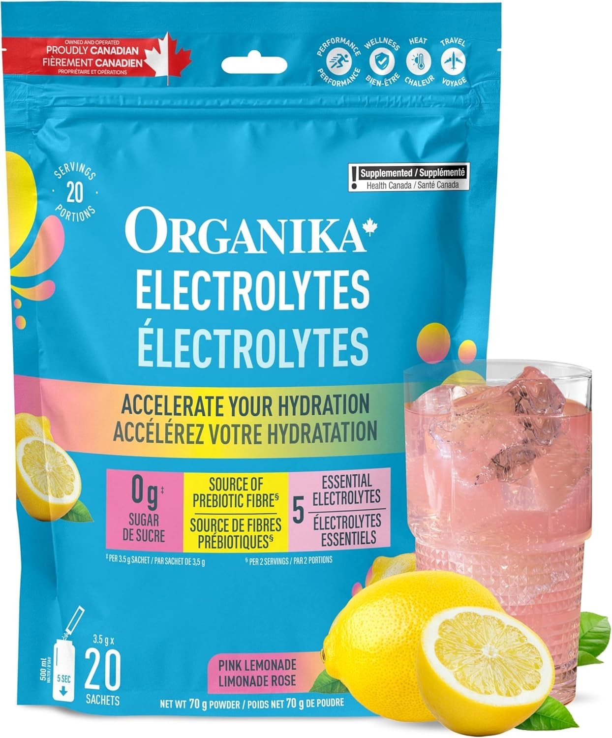 Organika Electrolytes Powder Pink Lemonade Flavor Hydrate 3.5gx20 Sachets NEW