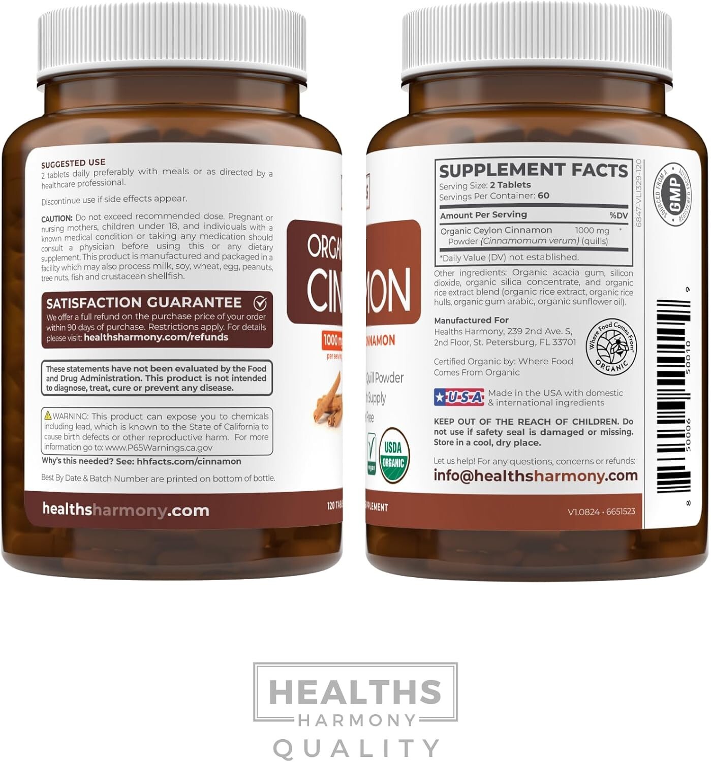 USDA Organic Ceylon Cinnamon 1000mg Cinnamon Quill Powder per Serving, 120 ct