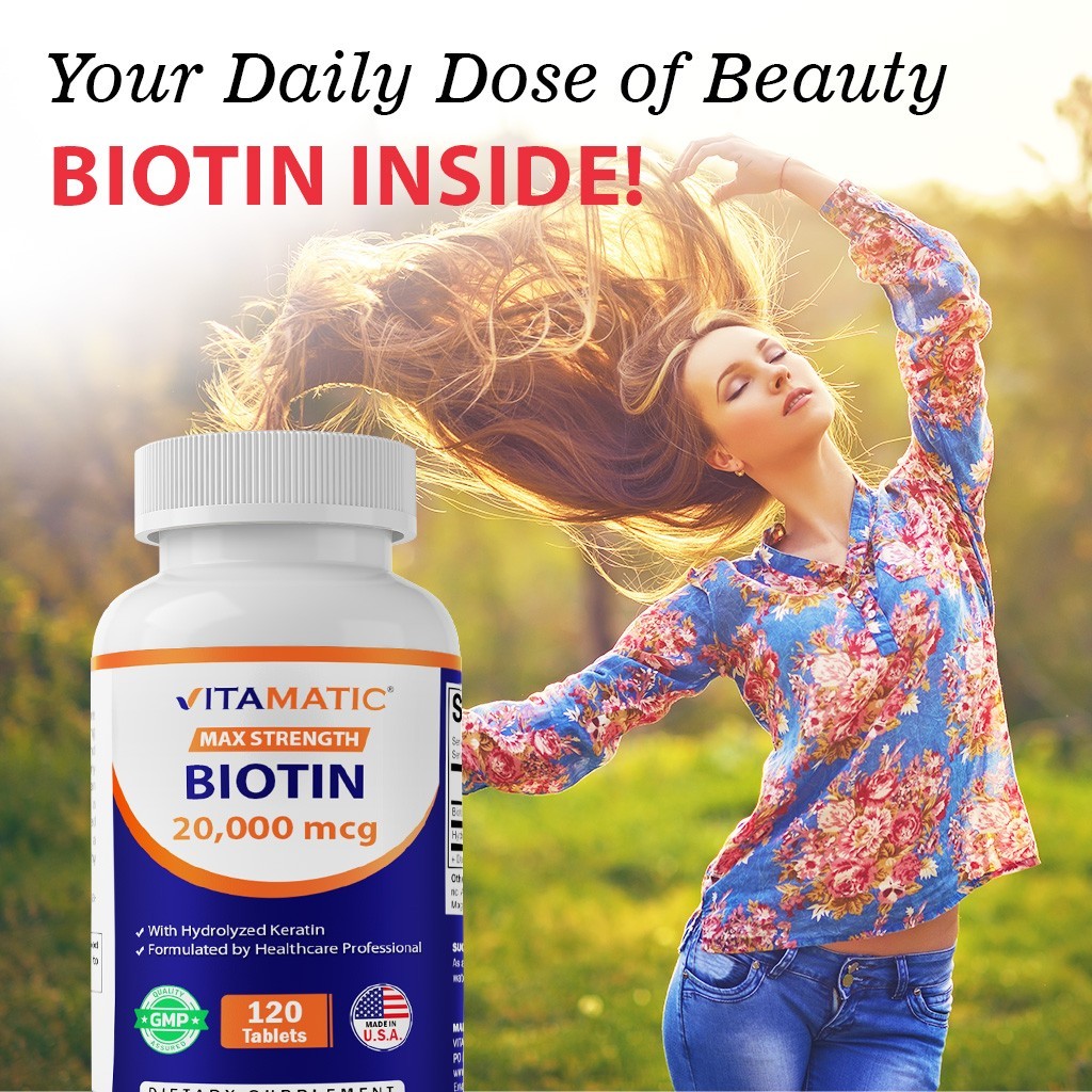 Vitamatic High Potency Biotin 20000 mcg (20mg) with Keratin 100mg – 120 Veg