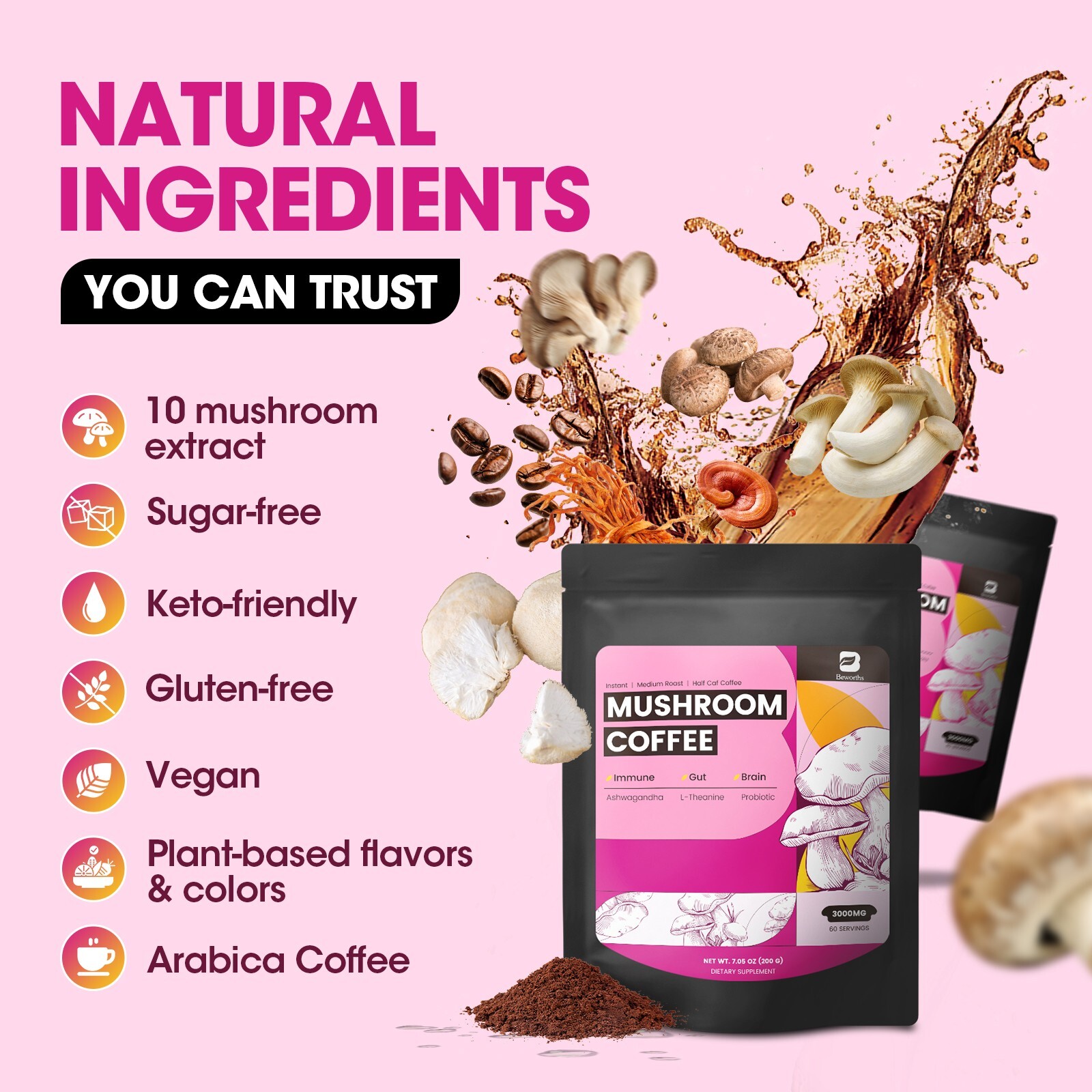 Organic Mushroom Coffee with Lion’s Mane & Chaga – Instant Powder, 60 Servings