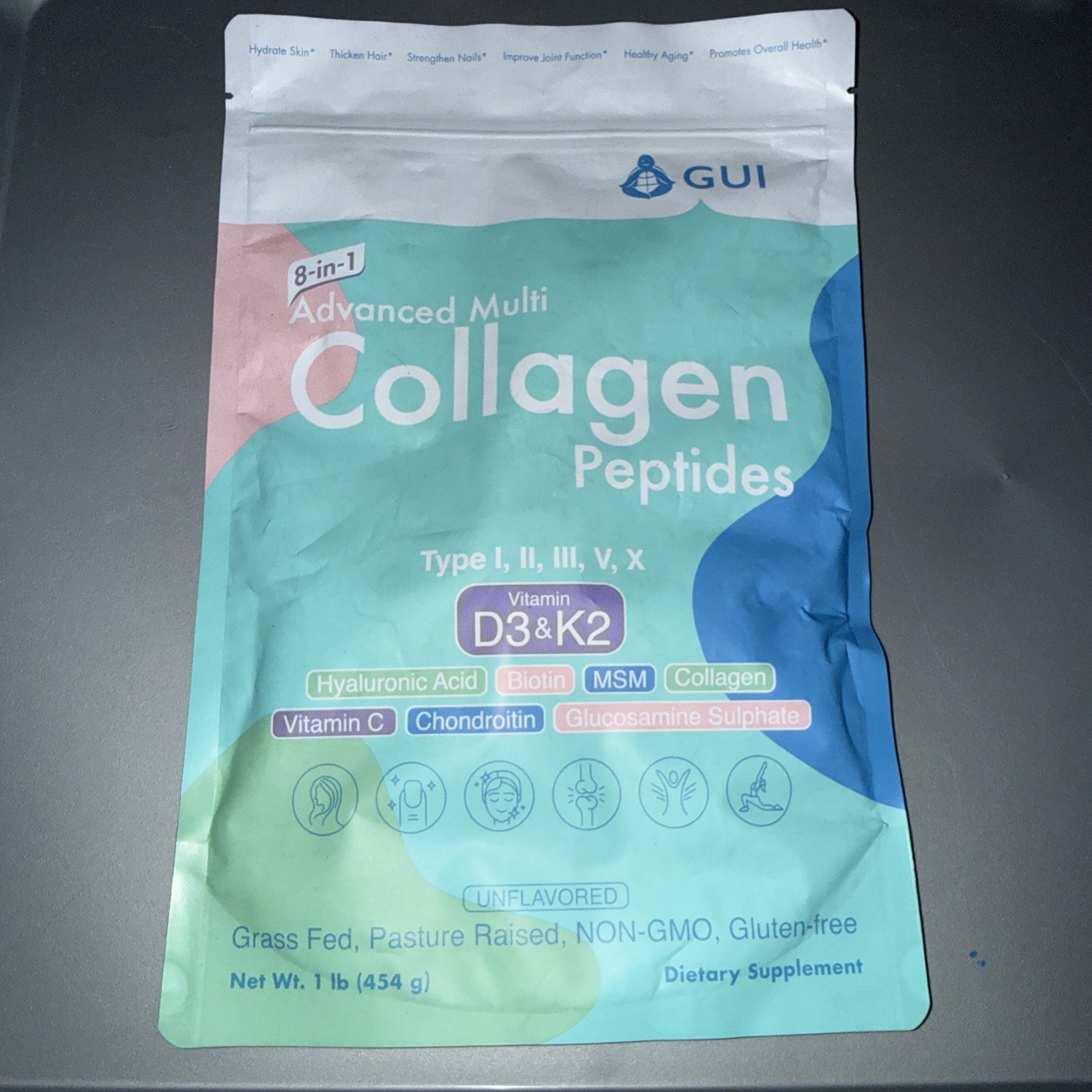 GUI Multi Collagen Peptides Powder Unflavored 1 lb D3 K2 Biotin Exp 07/2027