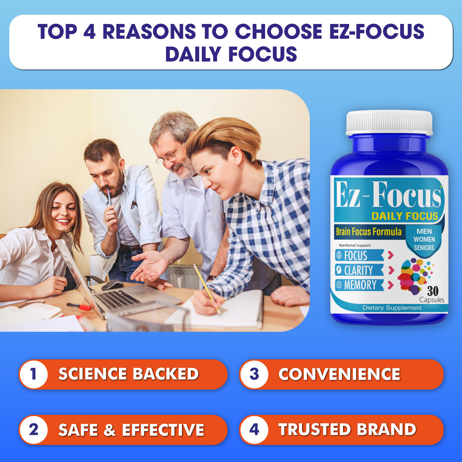 EZ-Focus Brain Booster Supplement & Focus Vitamins for Seniors and Adults 60Caps