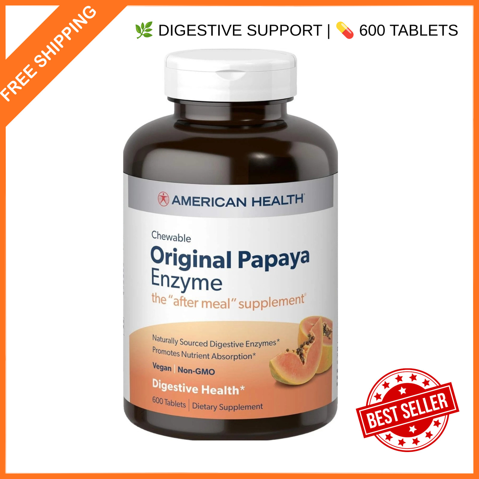 American Health Original Papaya Enzyme Chewable 600 Tablets