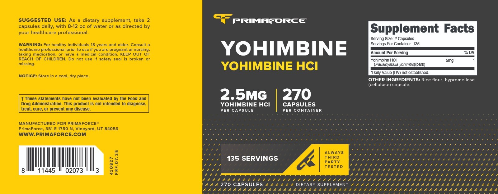 PrimaForce Yohimbine HCl 2.5mg, 270 Capsules – Non GMO, Gluten Free