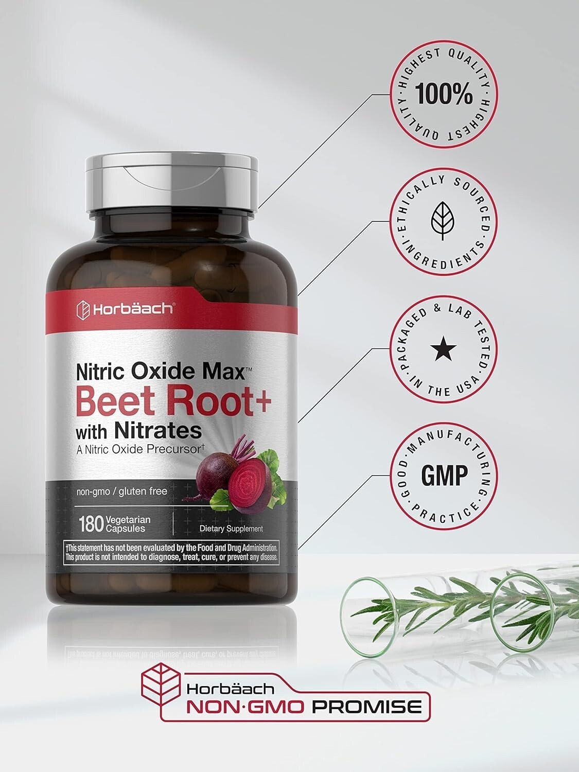 Nitric Oxide Beet Root Capsules | With Nitrates | 180 Count | by Horbaach