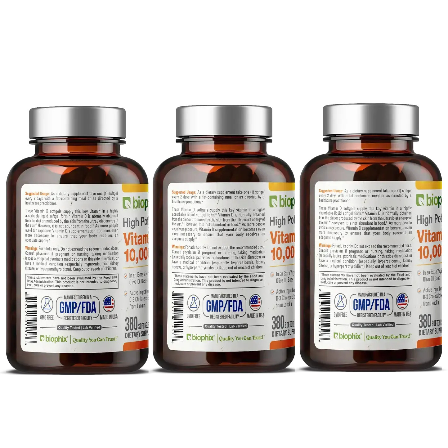 Biophix Vitamin D-3 10000 IU 380 Softgels 3 Pack – In Extra Virgin Olive Oil