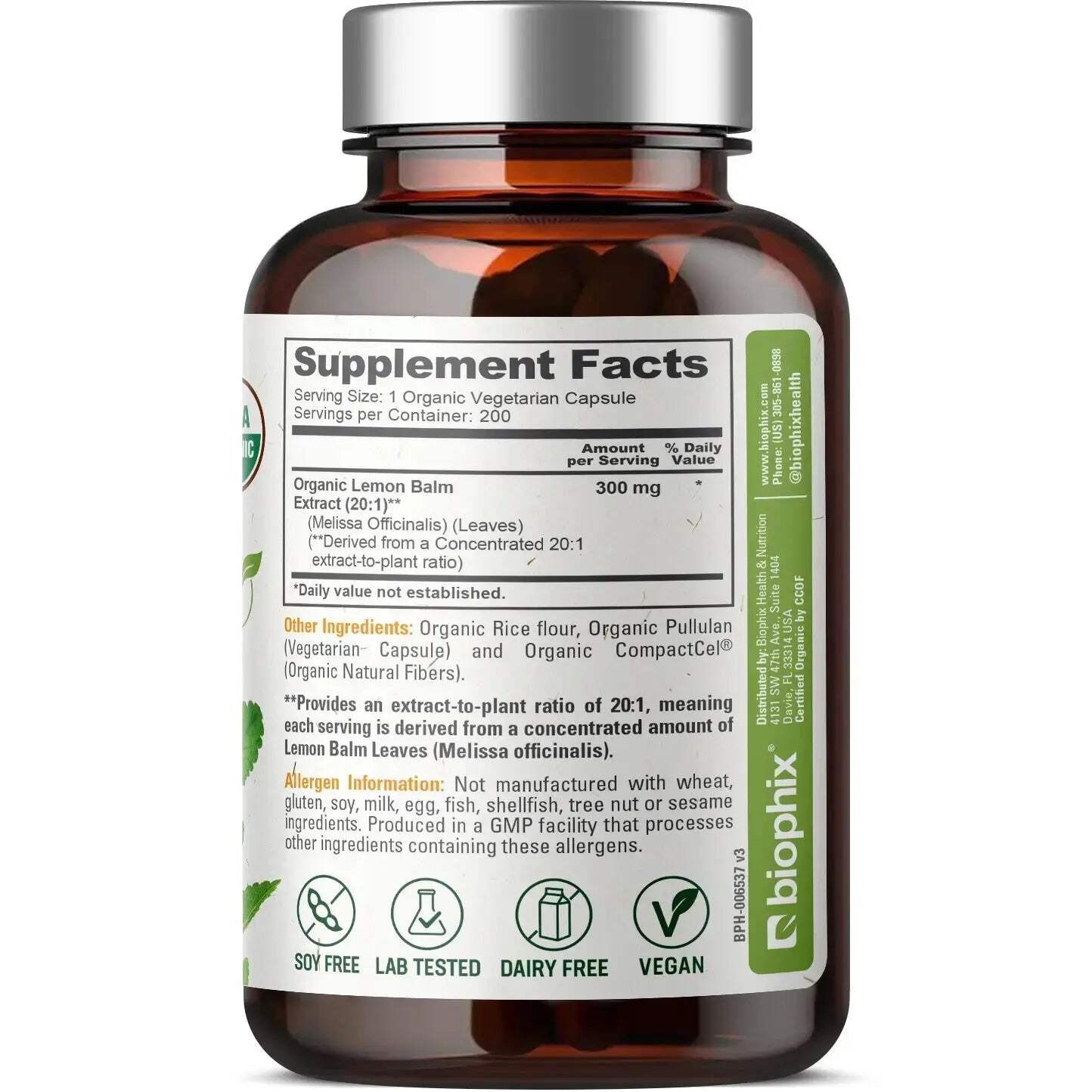 biophix Lemon Balm USDA Organic 20:1 Extract 300 mg 200 Veggie Caps
