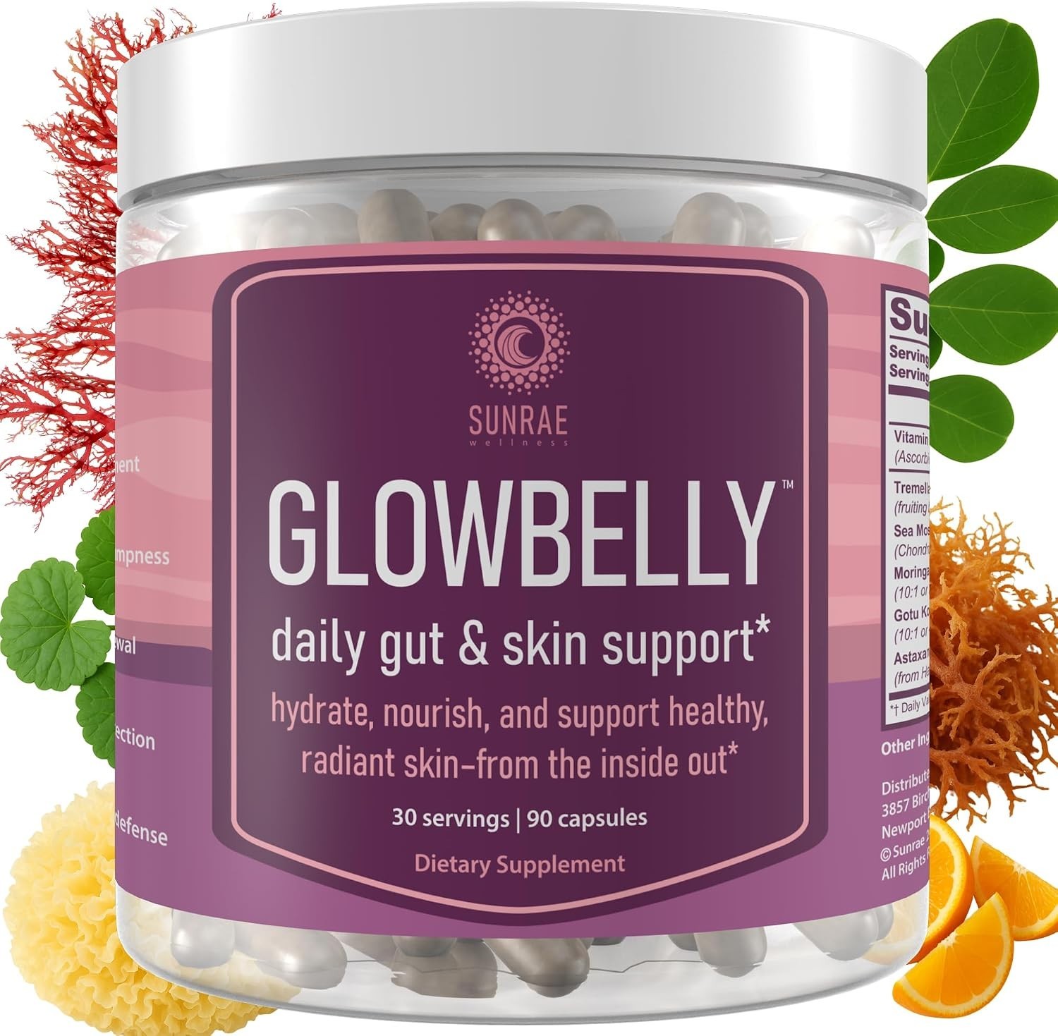 Sunrae Glowbelly Gut & Skin Support 90 Capsules Vitamin C Sea Moss Gluten Free