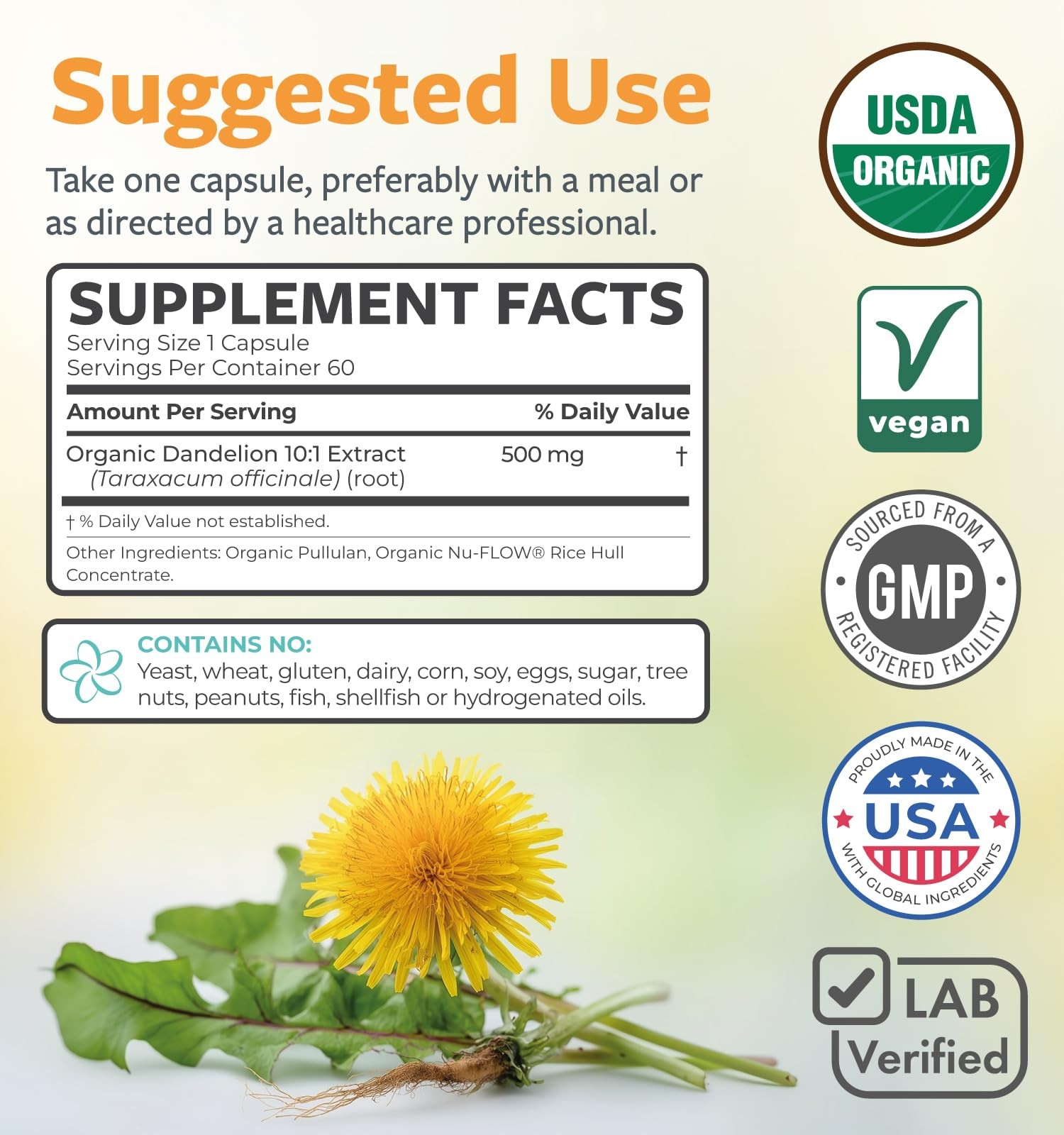 USDA Organic Dandelion Root Extract – High Potency 10:1 60 Count (Pack of 1)