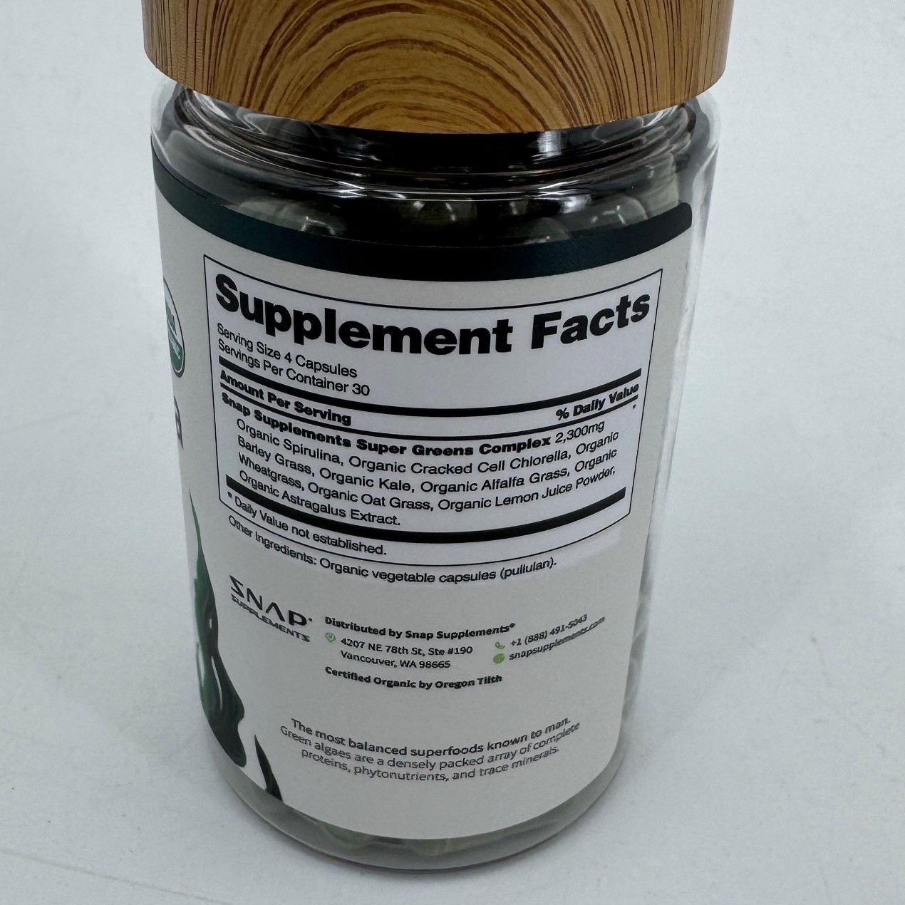 Snap Spirulina & Chlorella Alkalizing Greens Complex 120 Capsules 100% Organic