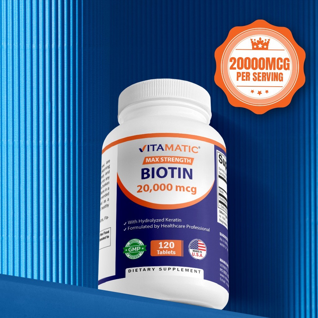 Vitamatic High Potency Biotin 20000 mcg (20mg) with Keratin 100mg – 120 Veg