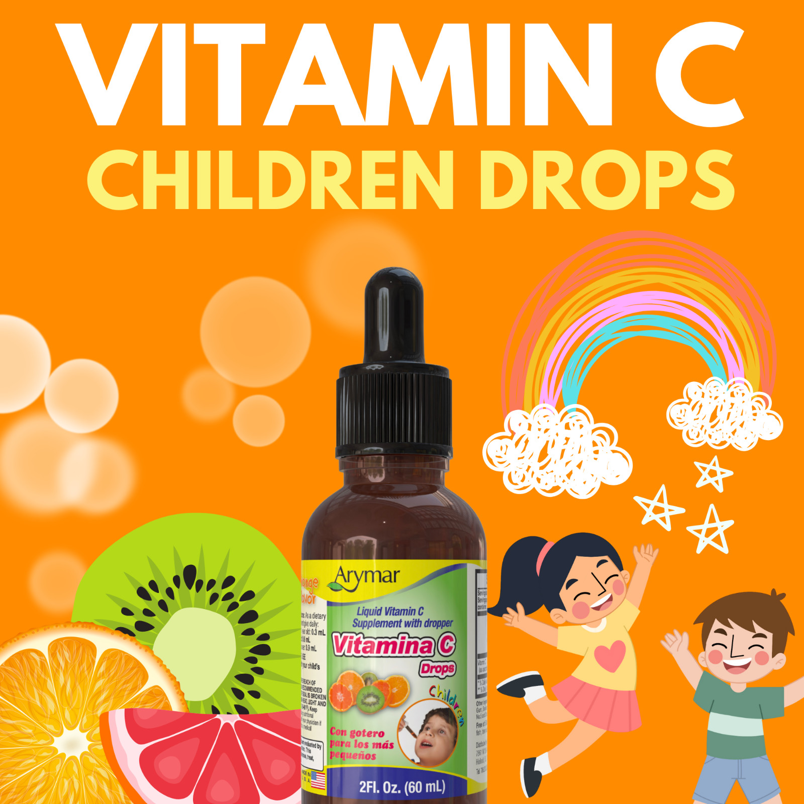 Arymar Kids’ Vitamin C Drops 2 Fl Oz, Tangy Orange Flavor, Vegan, Made in USA