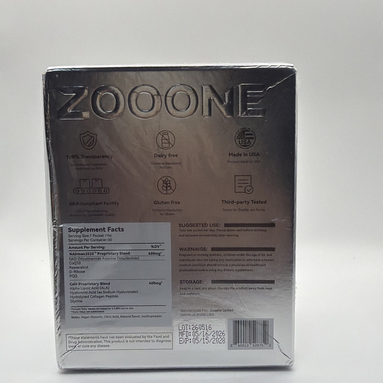 ZOOONE NAD+ Drink Mix for Skin Aging Support, 1000mg 30 Pack, Exp: 5/15/28