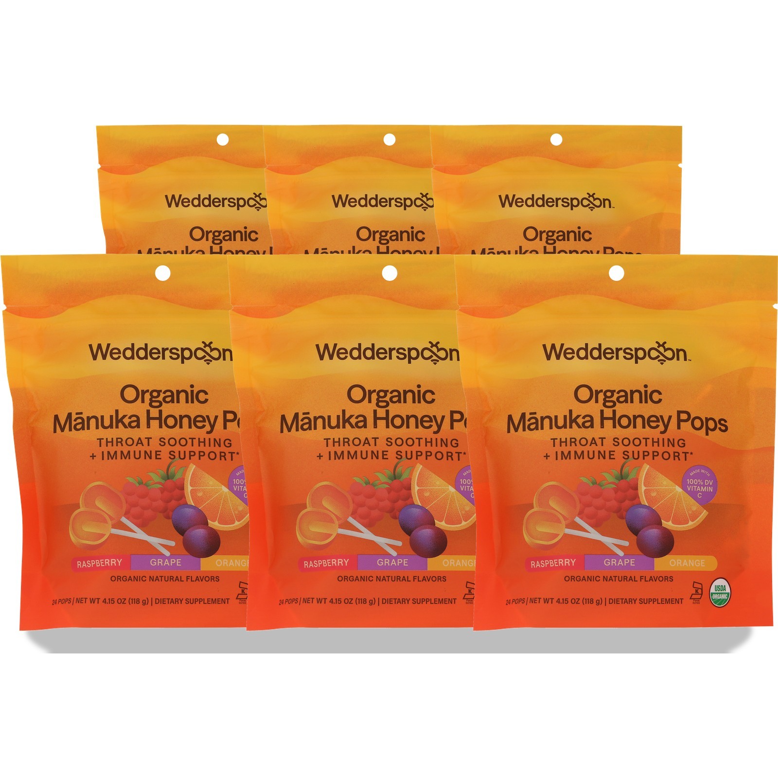 Organic Manuka Honey Pops Wedderspoon 24 Count 4.15 Oz Variety Vitamin C 6 Pack