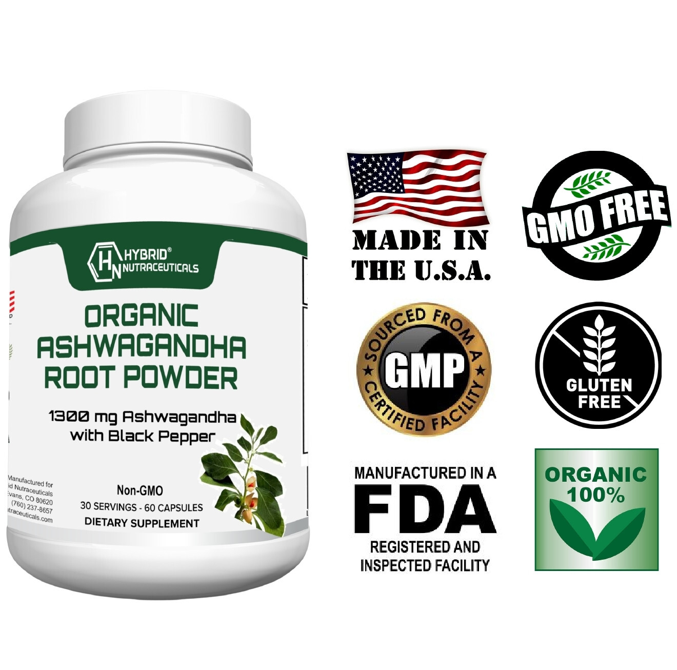Organic Ashwagandha Capsules 1300mg + Black Pepper Anxiety Stress Relief, 2 Pack