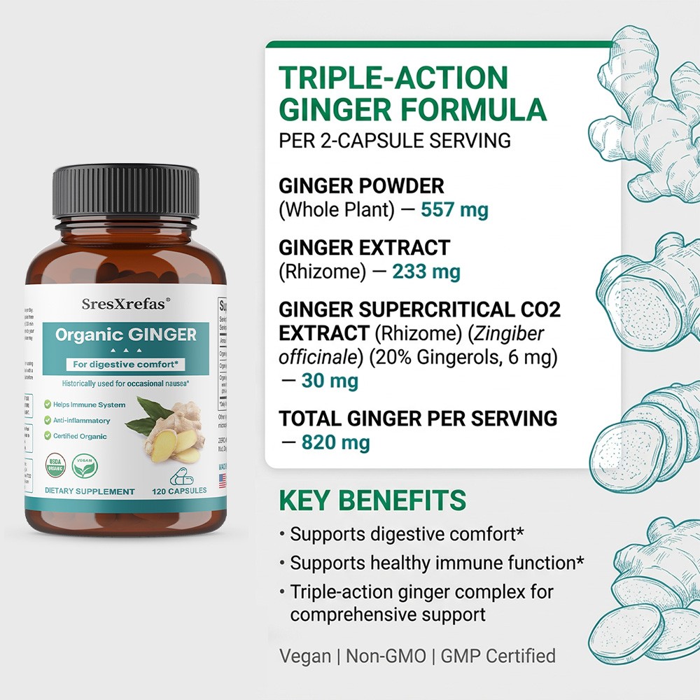 Organic Ginger Complex 820mg For Digestive,Stomach Comfort & Immune, 30~120 Caps