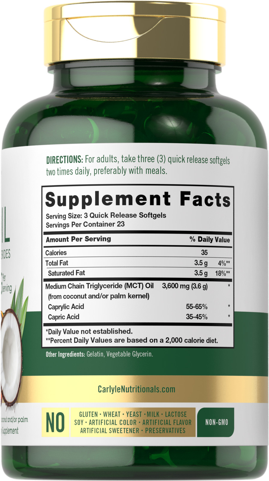 MCT Oil Capsules 3600 mg | 70 Softgels | Keto Coconut Oil Pills | by Carlyle
