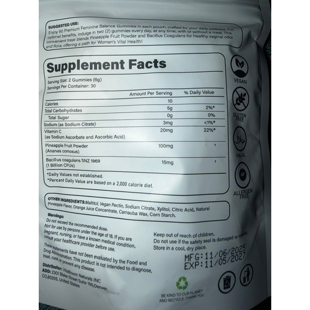 Nuora Feminine Balance Gummies 2 Pack 120 Count pH Balance Flora Support Vegan