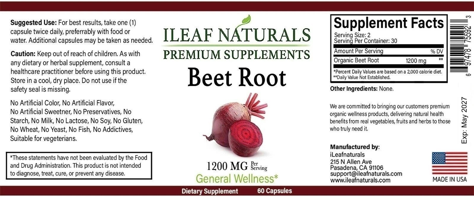 iLeafNaturals Beet Root Organic Whole-Food Powder – 1200 MG Veggie Capsules