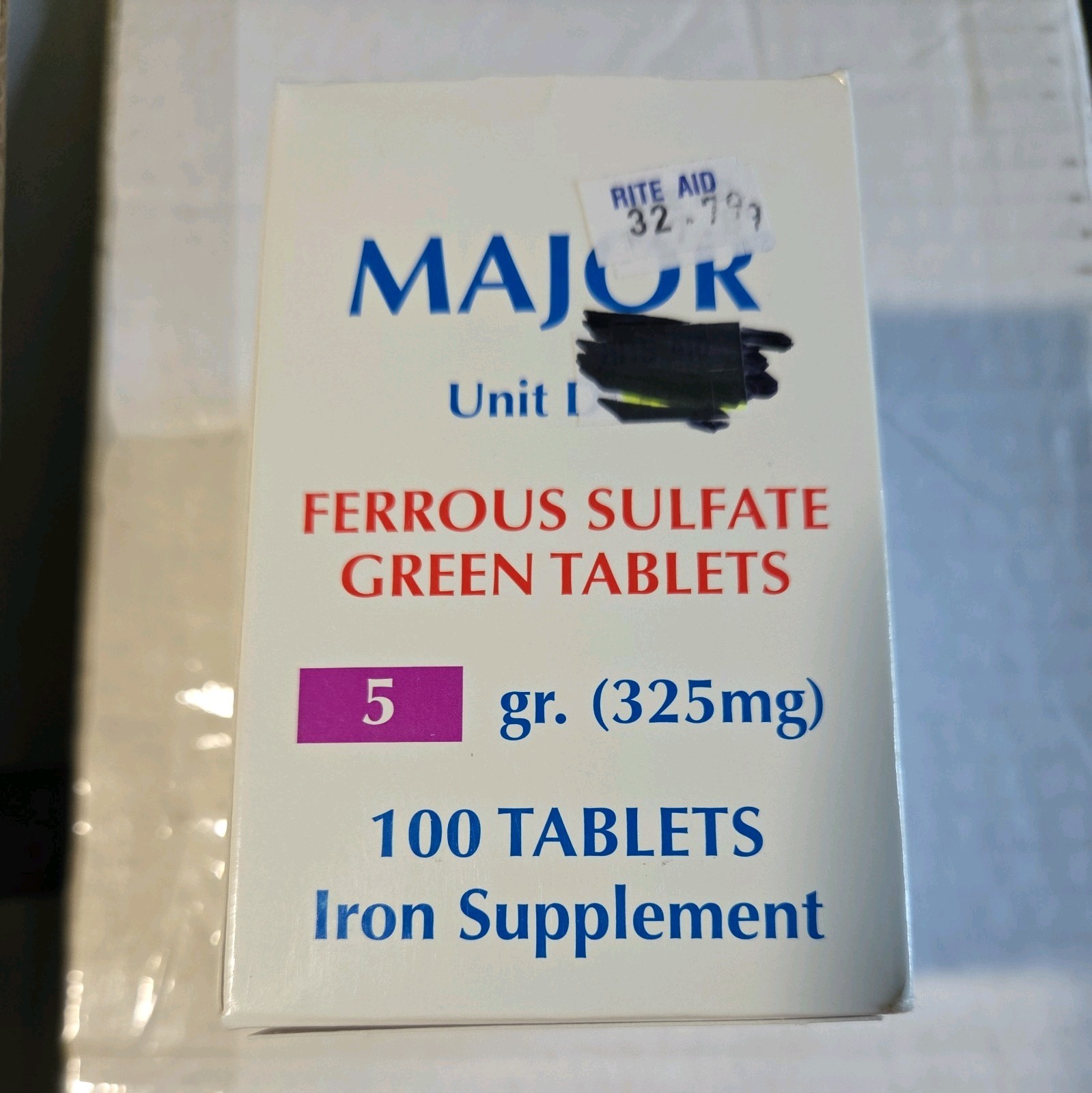 Major Ferrous Sulfate Green Iron Supplement 325mg 100 Tablets Exp. 8/27