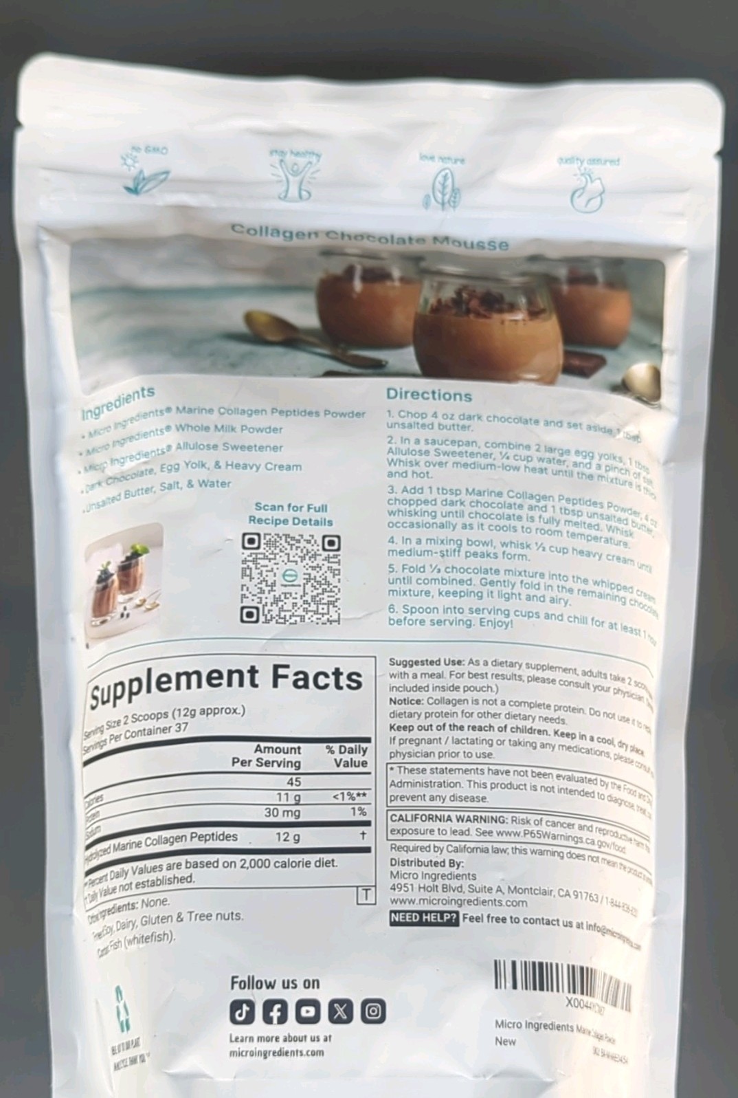 Micro Ingredients Marine Collagen Peptides Powder Unflavored 1 lb Exp 01/2028