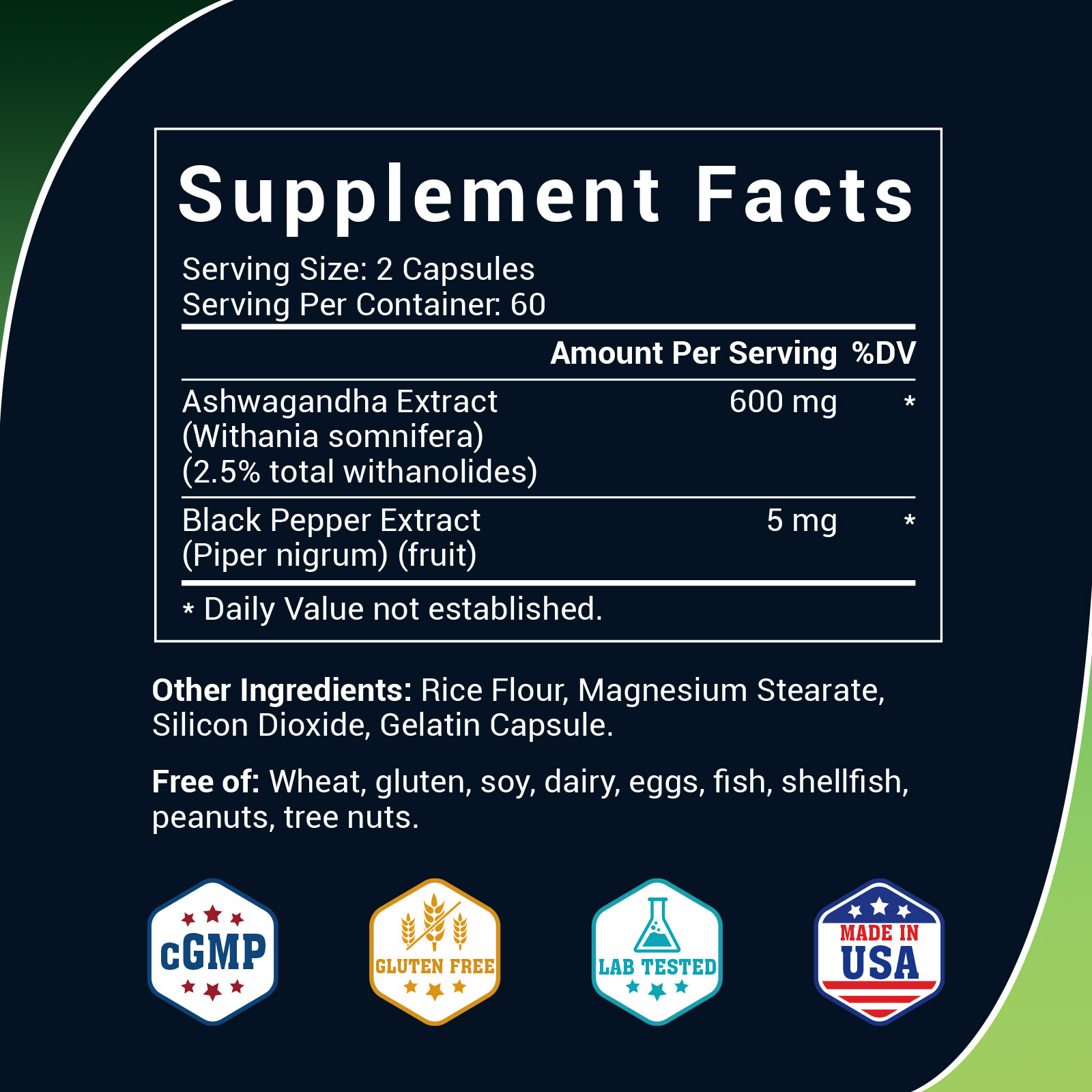 Ashwagandha 600mg w/Black Pepper 5mg Extract Gluten Free Supplement 120 Caps Lot