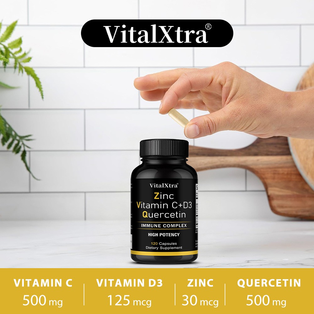 Zinc Quercetin 500mg Capsules Vitamin C D3 Bromelain Immune Support 30-120 Count