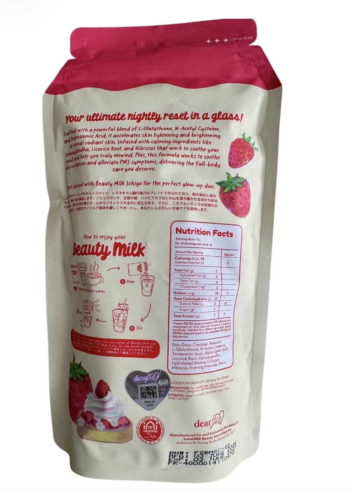 Dear Face Beauty Strawberries and Cream Collagen Drink, 10 Sachets x 18g