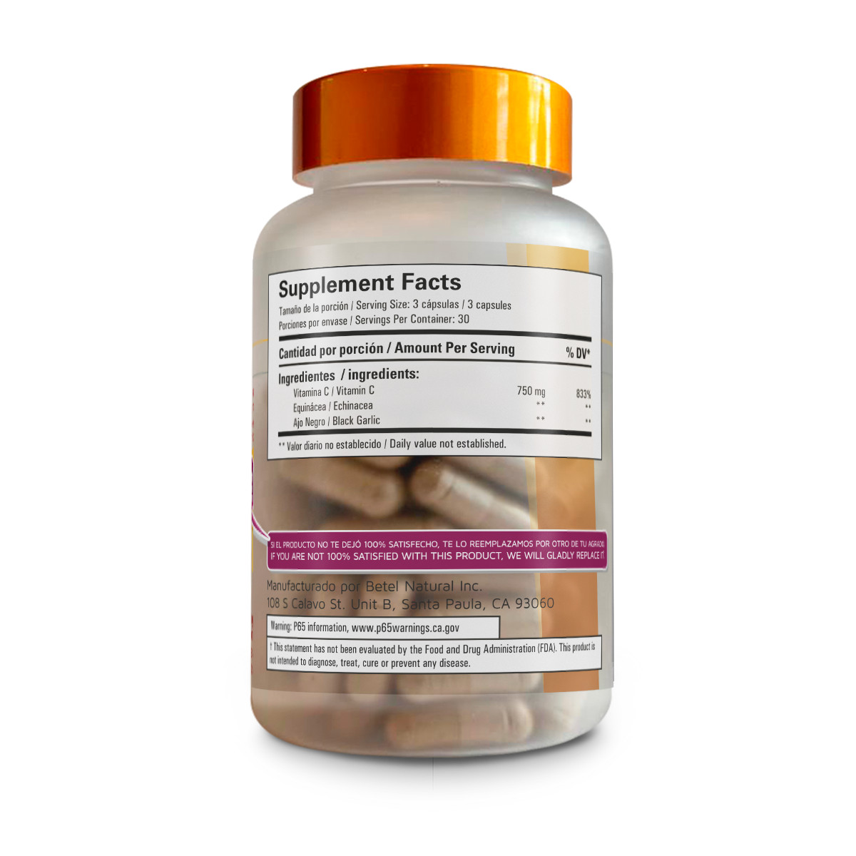 Premium Vitamin C 900 mg Plus Echinacea & Black Garlic by Betel Natural – 90 Cap