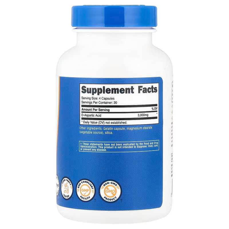 Nutricost D-Aspartic Acid Caps 3000mg 120caps 30servings GF – EXP 08/2027