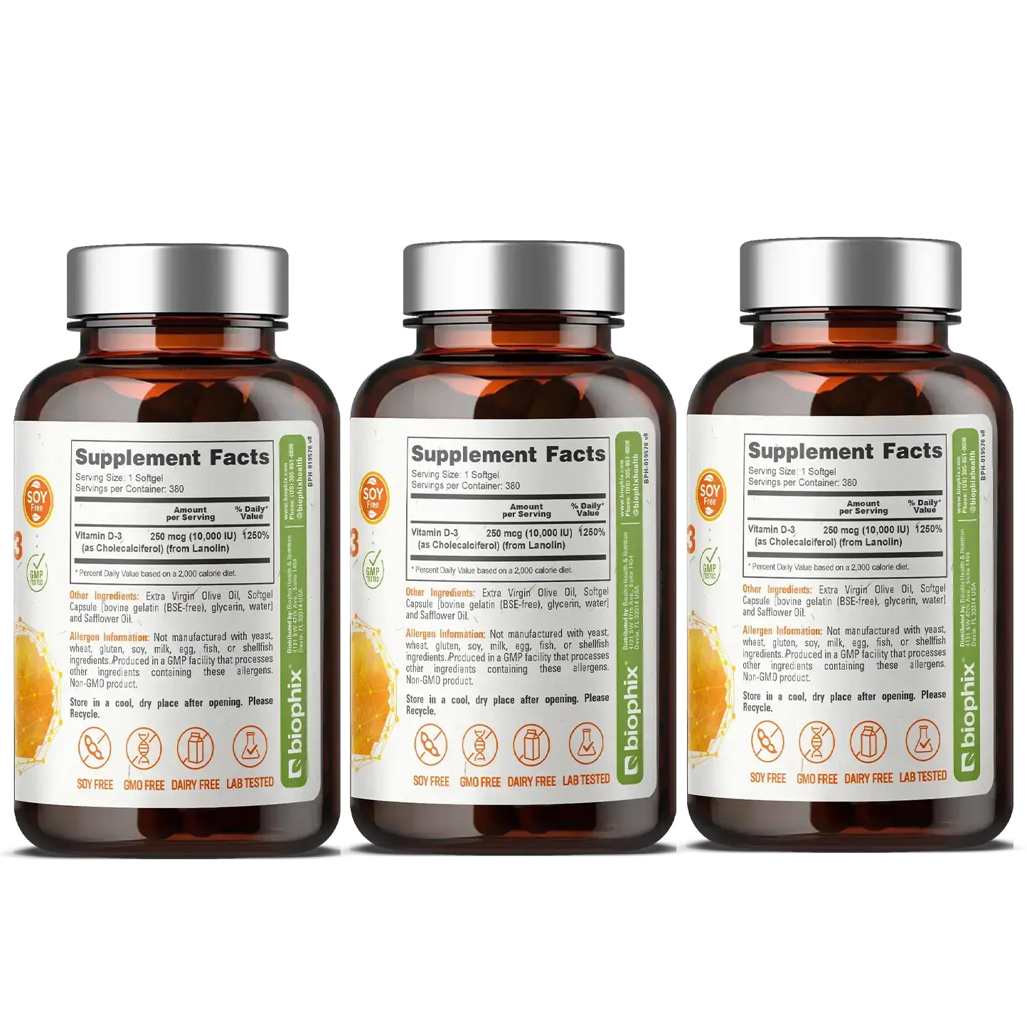 Biophix Vitamin D-3 10000 IU 380 Softgels 3 Pack – In Extra Virgin Olive Oil
