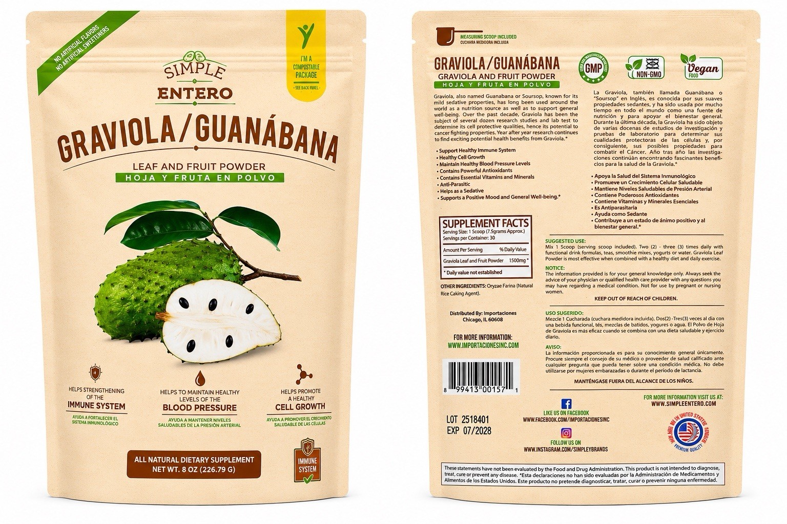 Guanabana Graviola Powder All Natural Non-GMO Vegan 8 oz