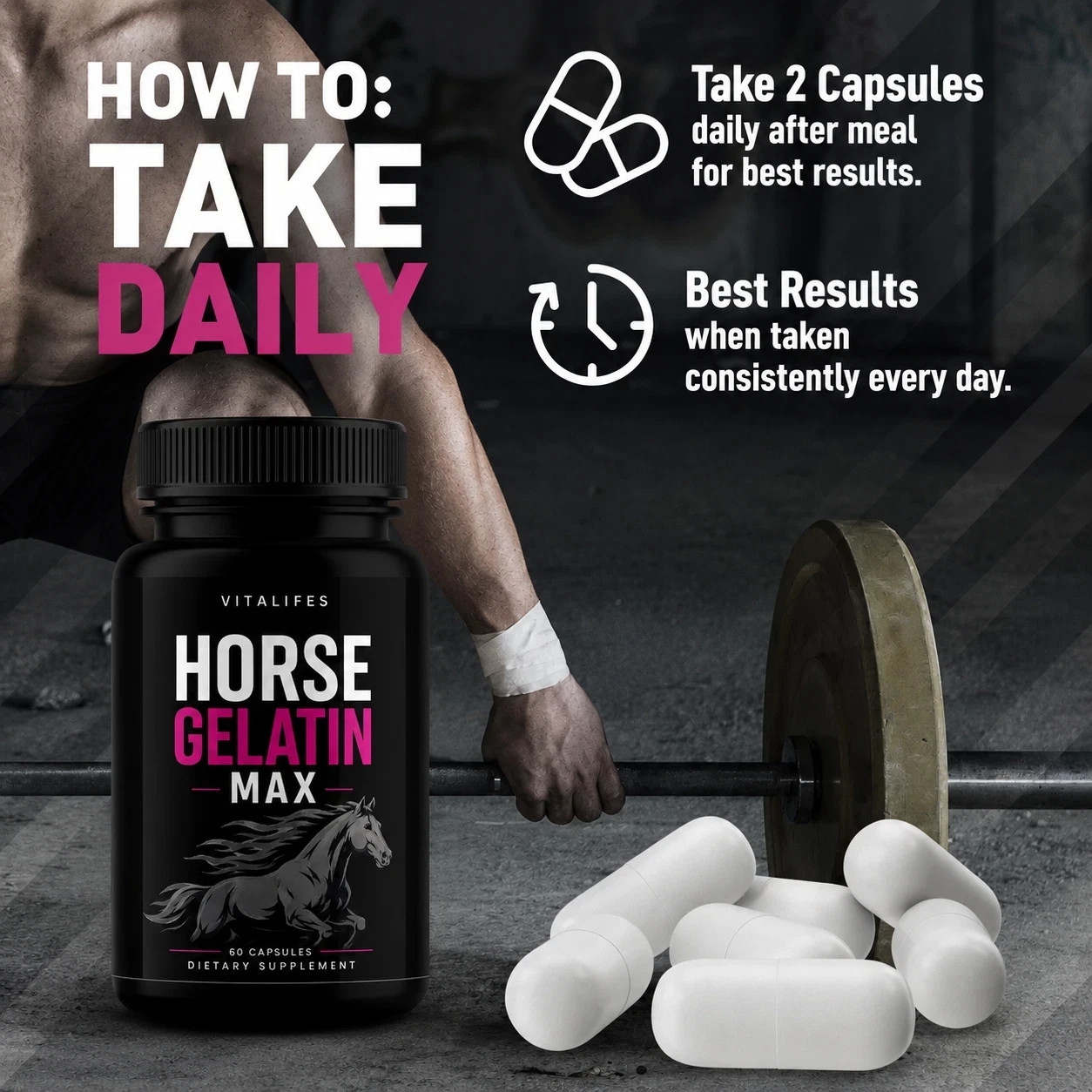 (5 pack) Horse Gelatin Performance Capsules, Horse Gelatin Pills (60 Capsules)