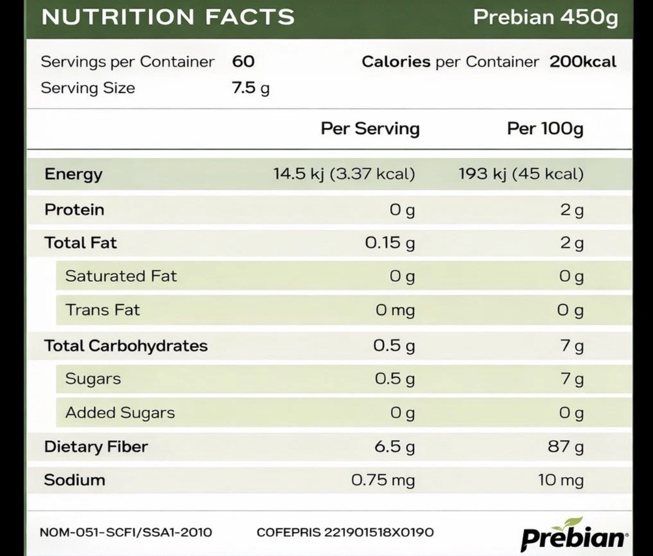 Prebian Prebiotic/Prebiotico Powder 450g-Gut Health & Microbiome Support