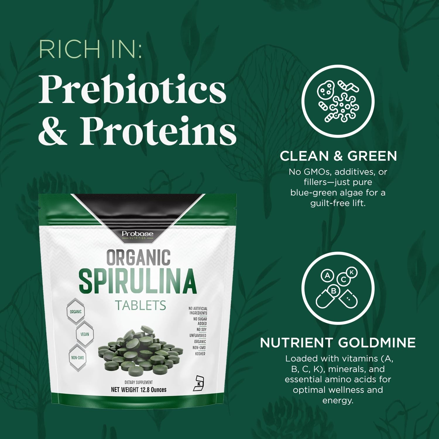 Probase Nutrition, Organic Spirulina Tablets, Premium Spirulina Supplement