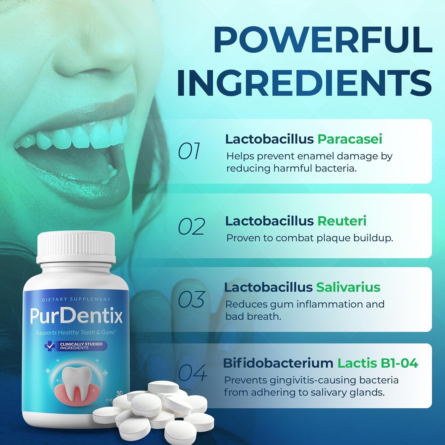 Teeth Gums Support 30 Tablets Oral Health Probiotic Supplement 4-Strain Formula