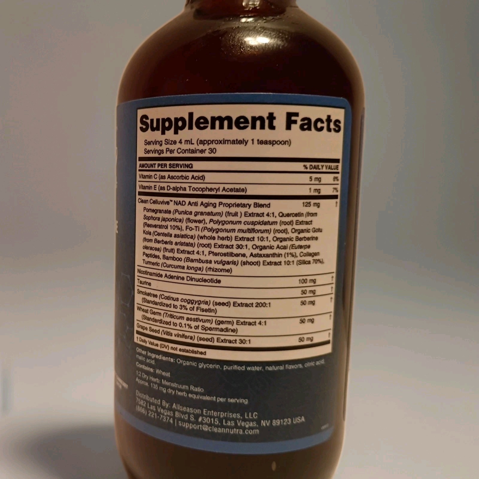 Clean Nutra NAD+ Resveratrol Taurine Fisetin Anti-Aging Liquid Drops 4oz