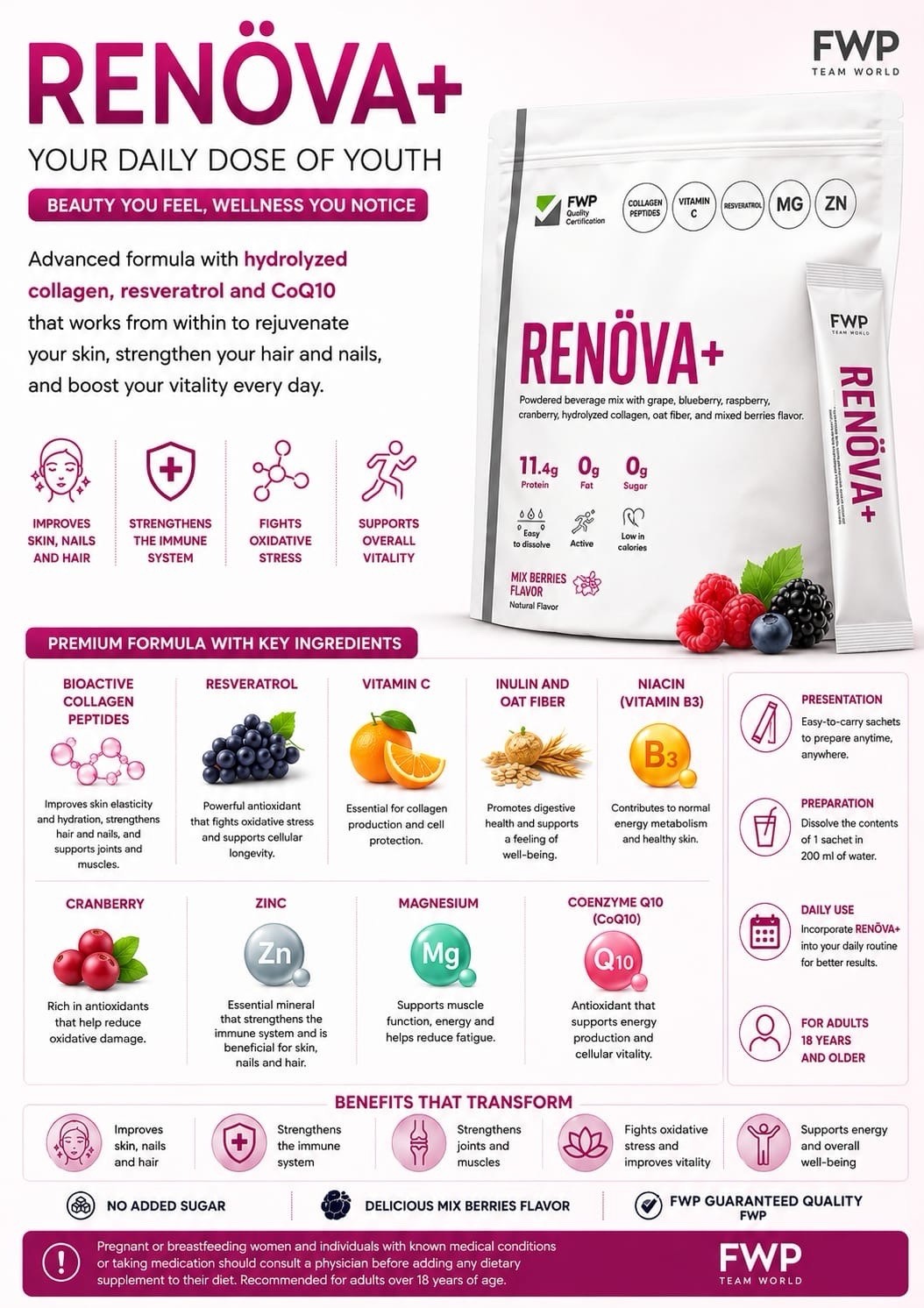 FWP Renöva+ Hydrolyzed Collagen Powder Mixed Berries 315g No Added Sugar