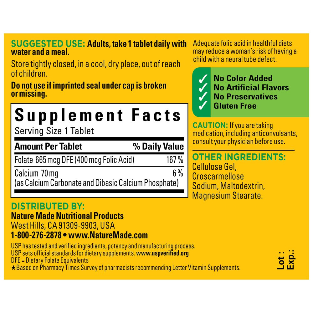 Nature Made Folic Acid 400 Mcg (665 Mcg DFE) Tablets, 250 Count