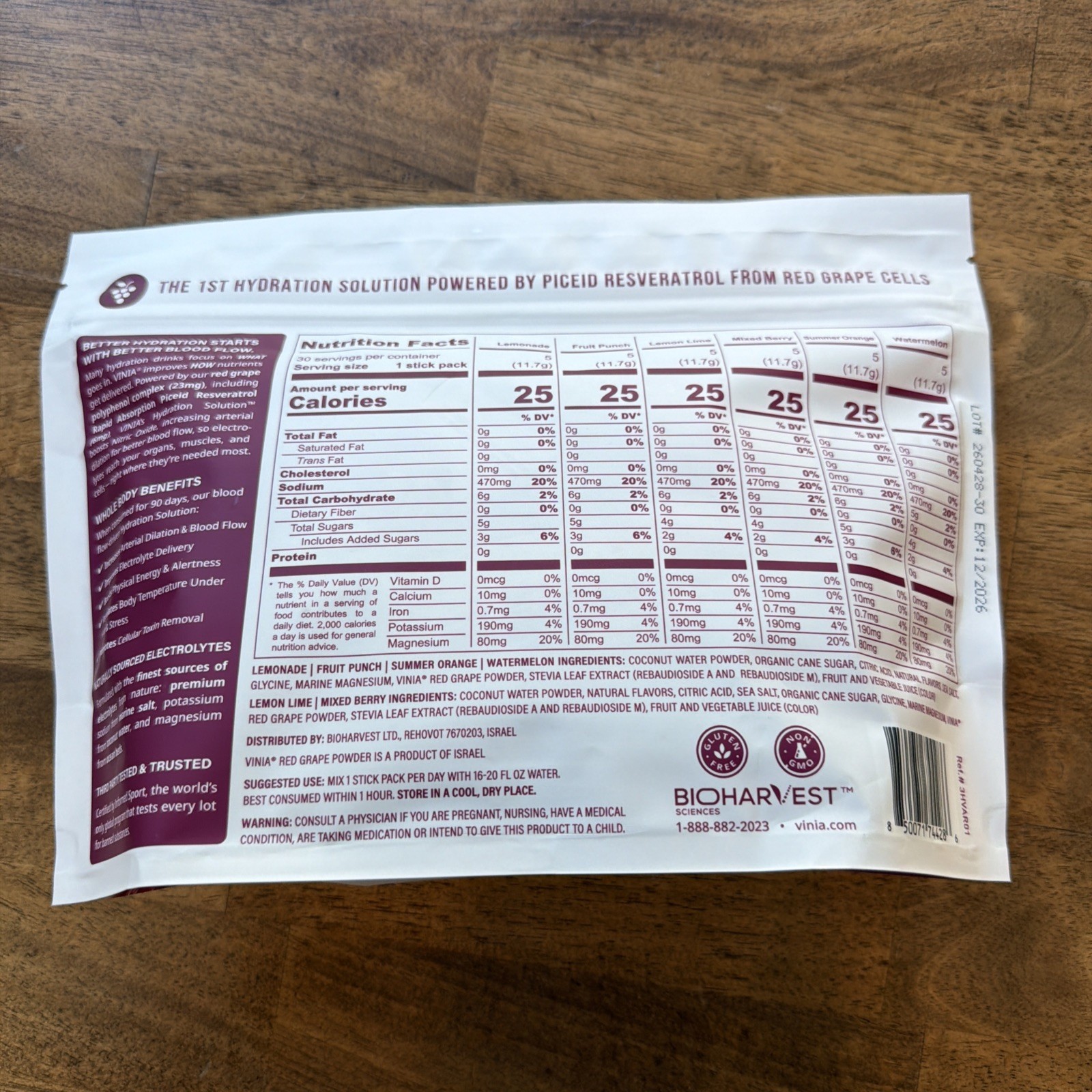 VINIA Resveratrol Electrolyte Hydration Powder Mix Variety Mix Blood Flow 30