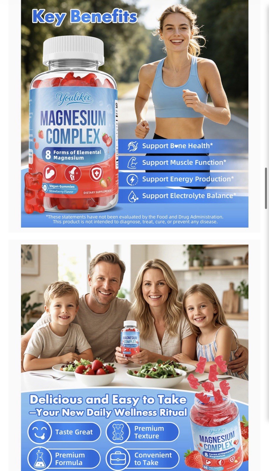 Youlikee Magnesium Complex 400mg Gummies Strawberry 60ct Vegan Sugar-Free