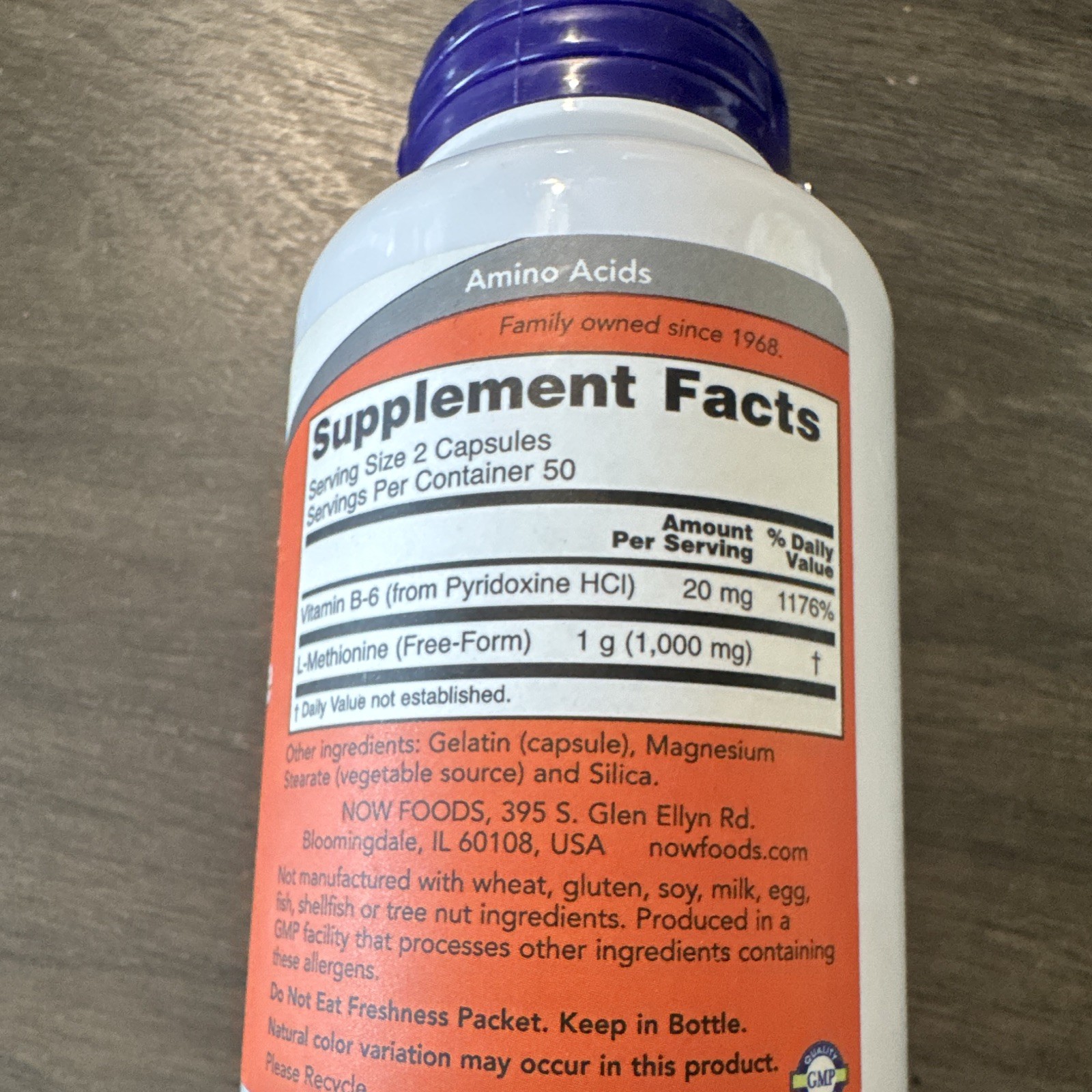 NOW L-Methionine 500mg + Vitamin B-6 Detox Support 100 Capsules Non-GMO