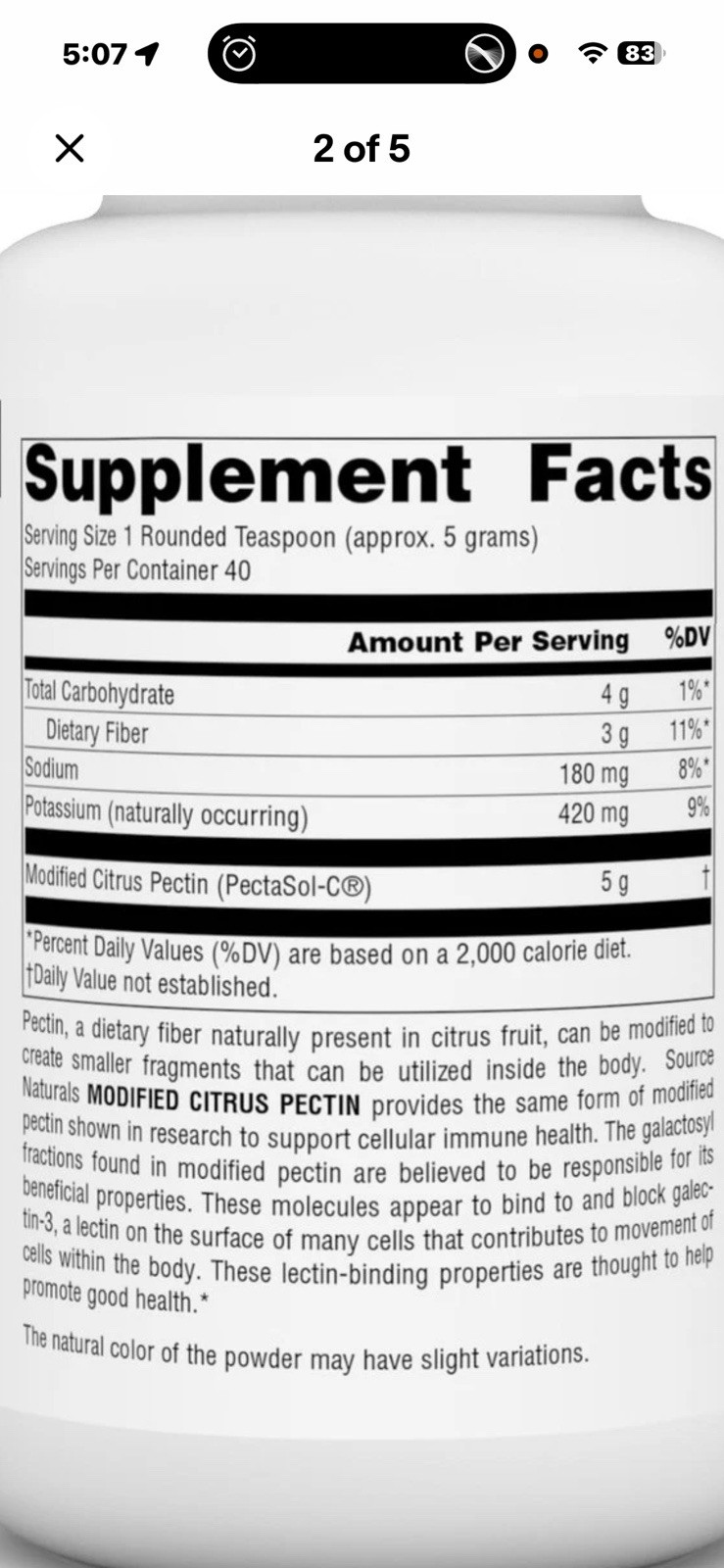 Source Naturals Modified Citrus Pectin Powder Cellular Immune Support 200g