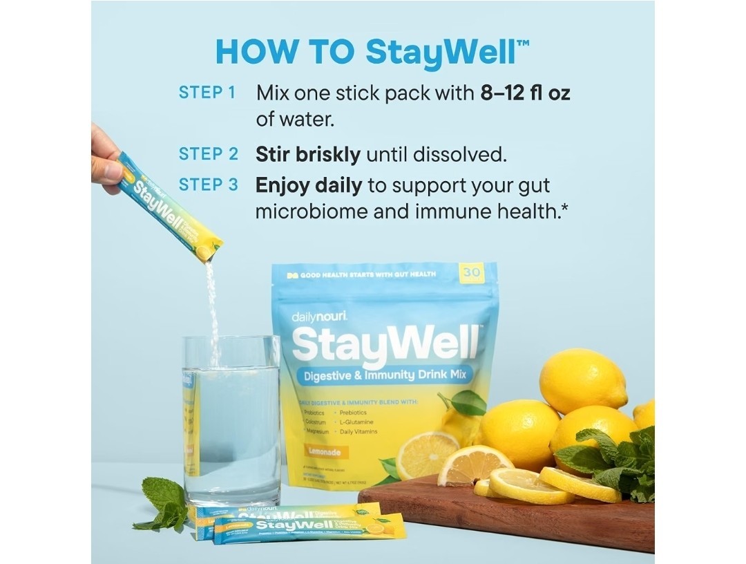 dailynouri StayWell Digestive & Immune Support Drink Mix Lemonade 30 Sticks